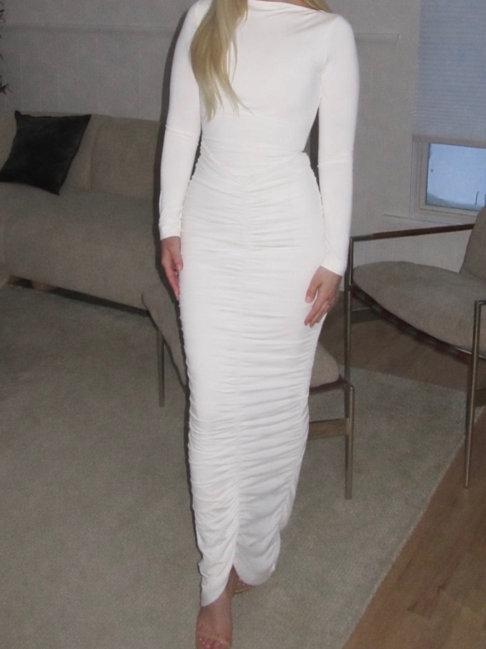 LEAU White Long Sleeve Ruched Maxi Dress